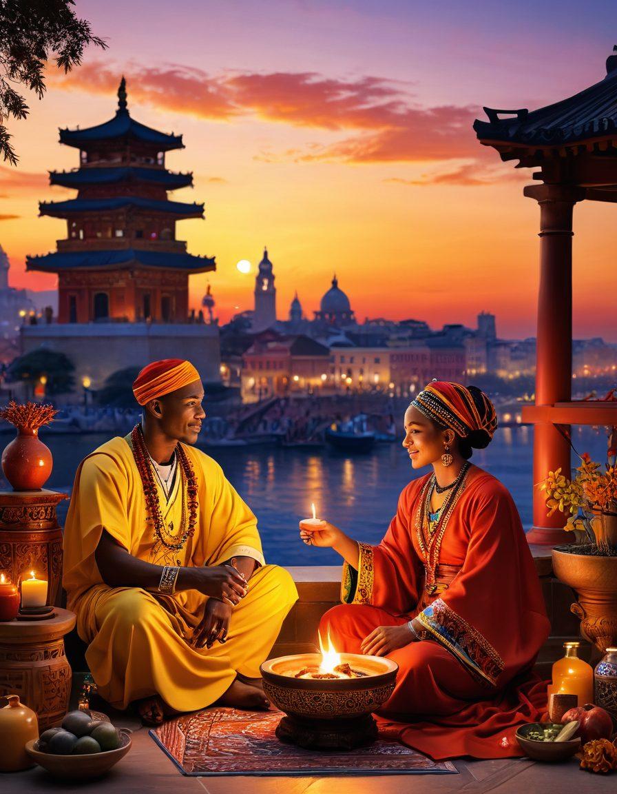 A vibrant scene depicting a diverse couple engaged in a heartfelt conversation, surrounded by symbols of various cultures (e.g., traditional clothing, cuisine, and art). Include elements like love letters in different languages scattered around them, and a warm sunset that casts a soft glow over the setting. The background should blend cultural landmarks representing different countries. super-realistic. vibrant colors. 3D.