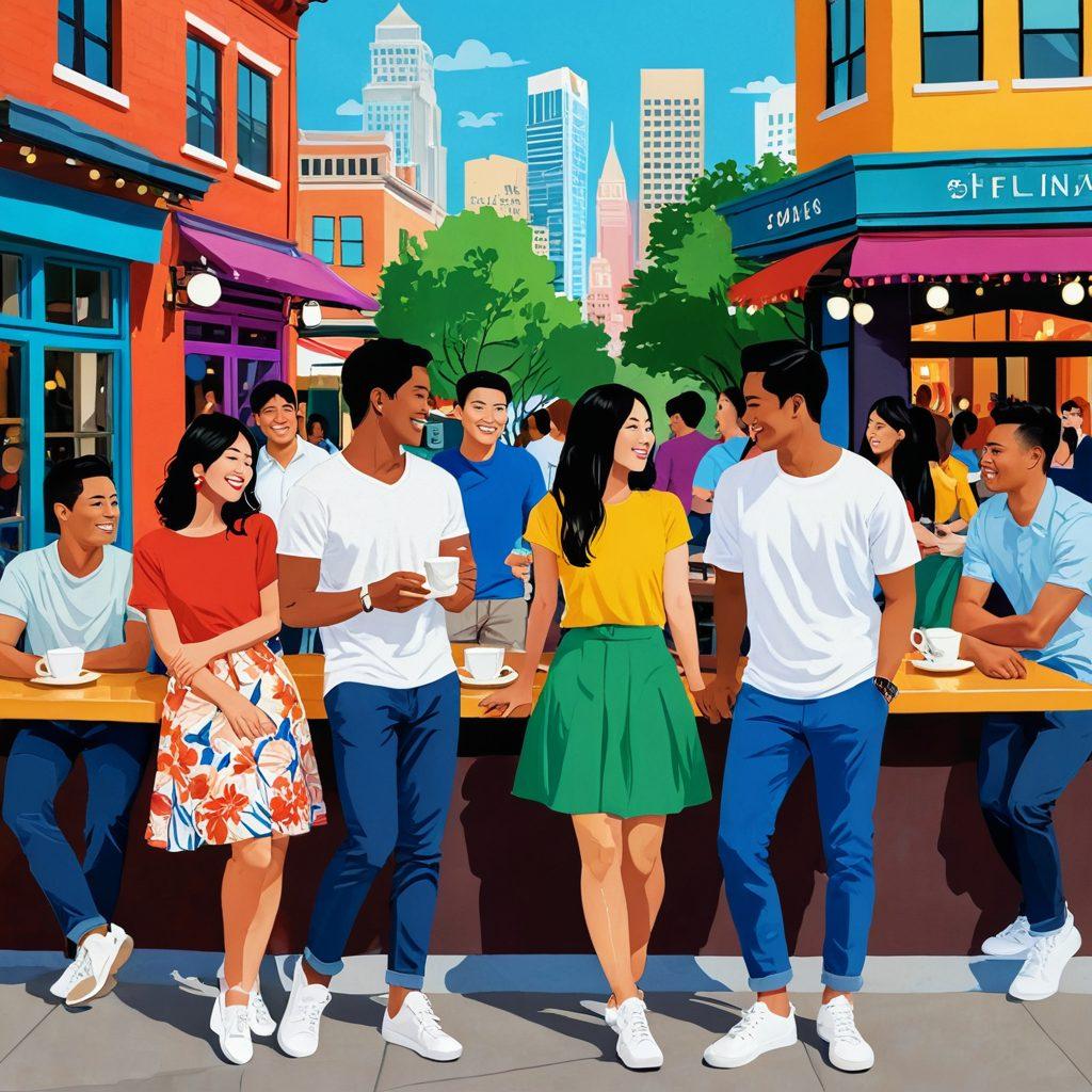 A vibrant illustration of a diverse group of young Asian couples in a lively urban setting, showcasing various stages of relationships, from playful flirting to deep emotional connections. Include elements such as coffee shops, parks, and cultural symbols to reflect modern dating in Asia. Capture facial expressions of joy, intimacy, and playfulness, emphasizing connection through body language. This scene should be filled with bright colors to evoke a feeling of warmth and optimism. digital art. vibrant colors. city background.