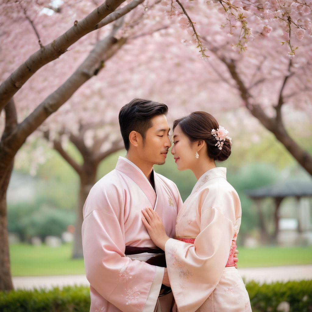 A serene scene depicting a couple of diverse Asian ethnicity sharing a tender moment in a picturesque park, surrounded by cherry blossoms. The backdrop features traditional Asian architecture, symbolizing love's cultural roots. Soft, warm lighting envelops the scene, enhancing the intimacy and affection displayed. Include subtle elements of traditional clothing to highlight cultural significance. pastel colors. soft-focus. romantic atmosphere.